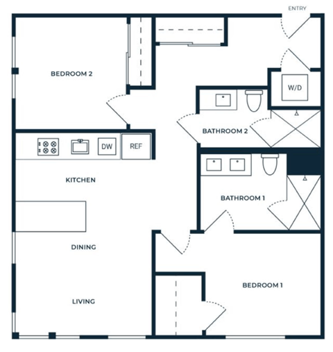 Floor plan for 2 beds, 2 baths, 994 sqft